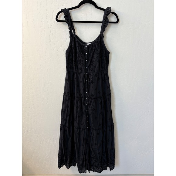 Unsubscribed Eyelet Dress Tiered‎ Midi Button Front Sleeveless Black Size 10 - Picture 1 of 9
